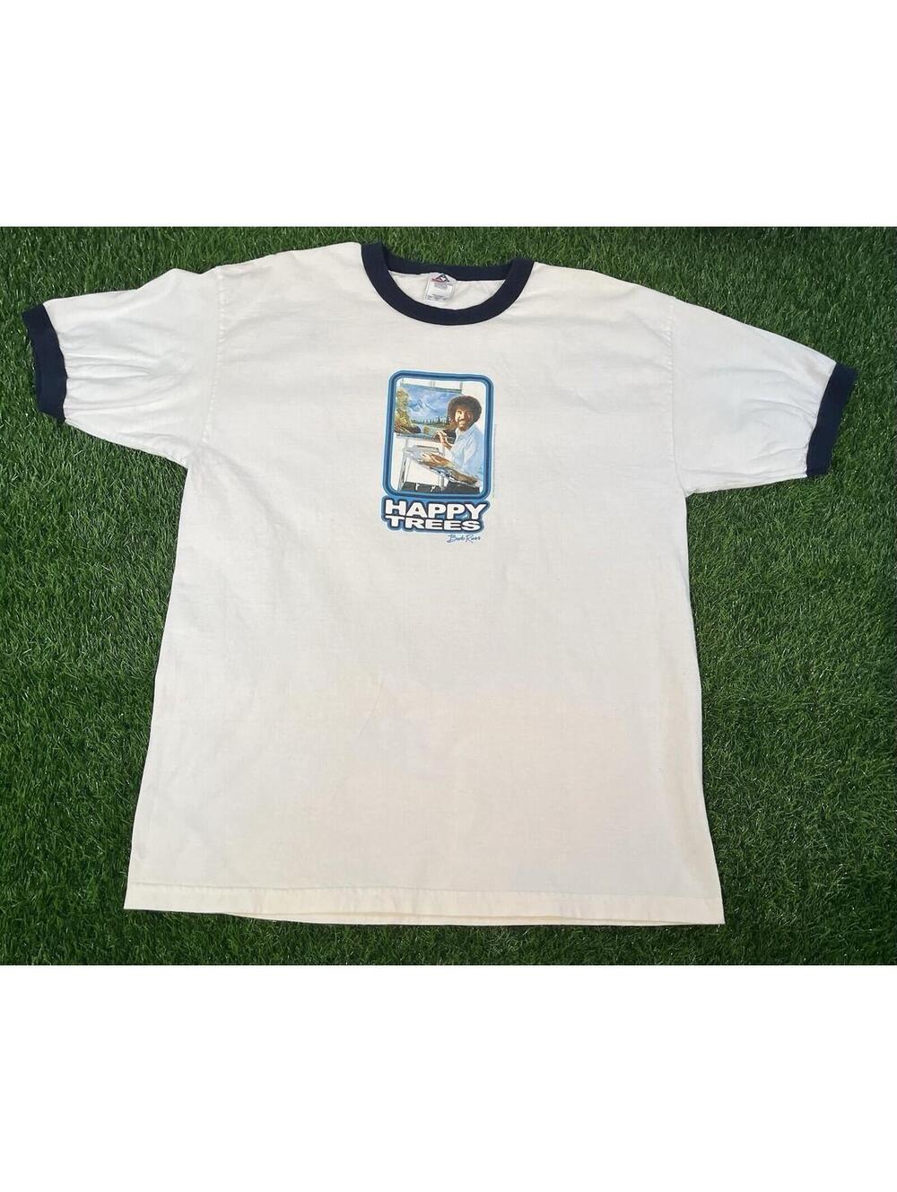 AAA VTG Y2K Bob Ross "Happy Trees" Ringer Style White T-Shirt Mens XL